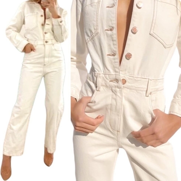 Zara Cream Ecru Utility Boilersuit Button Front Long Sleeve Jumpsuit Sz XS - Picture 10 of 13